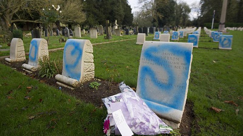 More than 100 Anzac soldiers’ graves vandalised in the lead-up to the 100th Anniversary of the Gallipoli landing in London Cemetery 2015 (courtesy: ninenews.com.au)